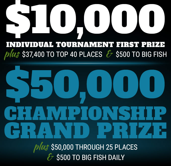 $10,000 individual tournament first prize plus $37,400 to top 40 places and $500 to big fish | Championship Grand Prize is a 2019 fully rigged Phoenix 819 Pro with Mercury 200 plus $40,000 to top 25 places and $500 to big fish